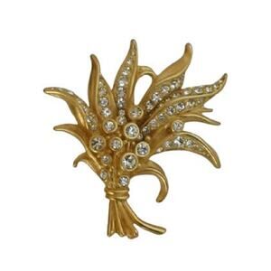 1980s Swarovski Satin Gold Plate White Crystal Floral Spray Swan Logo Brooch Pin